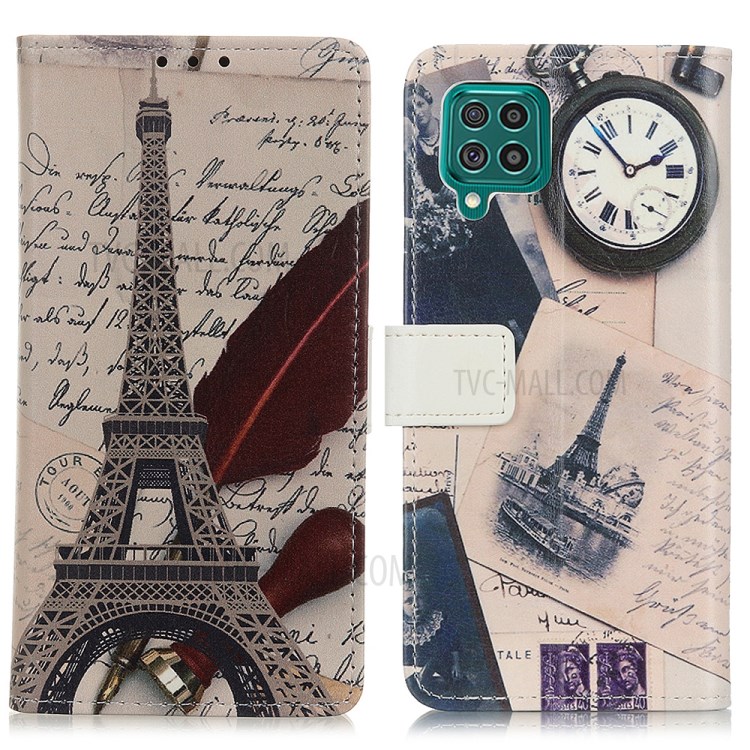 Pattern Printing Stand Wallet PU Leather Protector Phone Cover Shell for Samsung Galaxy F62/M62 - Tower and Feather-1
