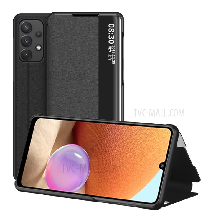 Folio Flip Leather Shell with View Window for Samsung Galaxy A02s (166.5x75.9x9.2mm) - Black-1
