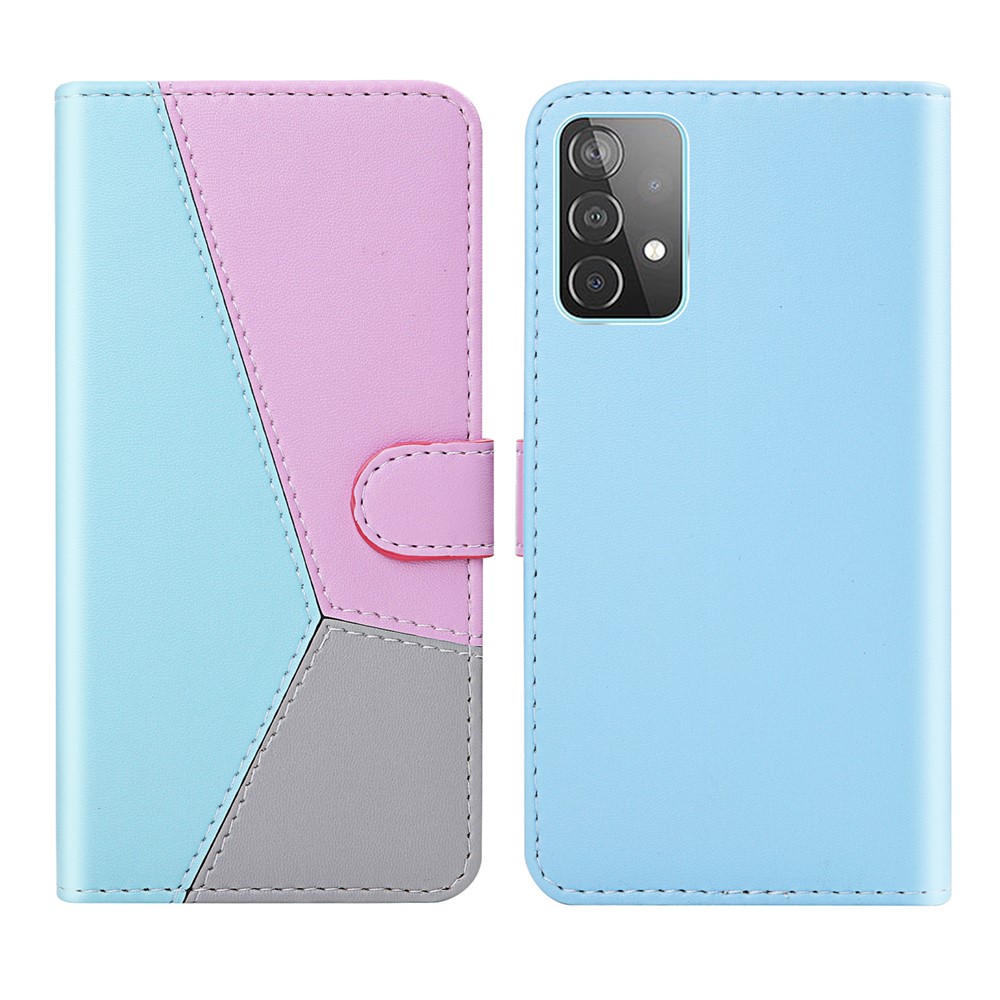 Stand Design Three-color Splicing Leather Wallet Cover for Samsung Galaxy A32 5G - Blue/Purple/Grey-1