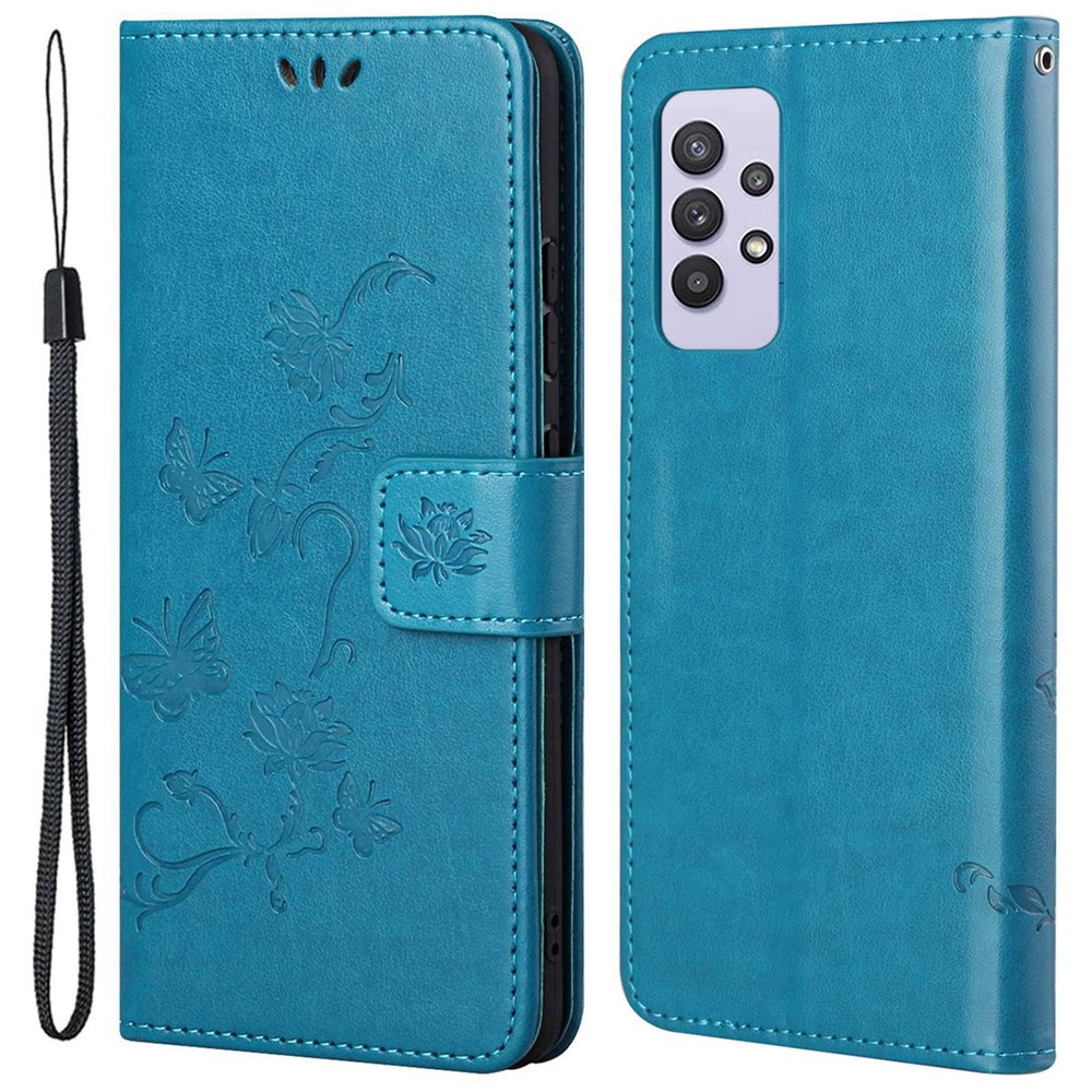 Imprint Butterfly Flower Leather Wallet Stand Phone Cover for Samsung Galaxy A32 4G - Blue-1