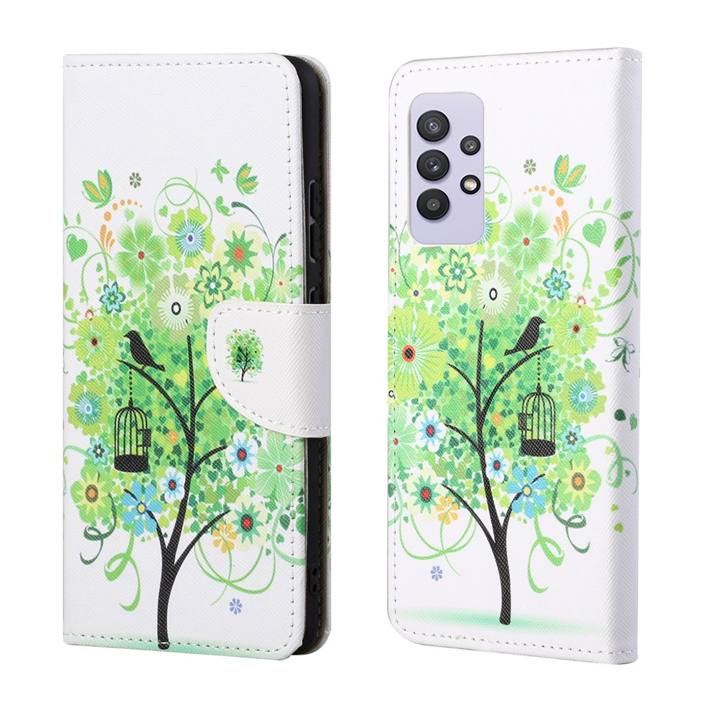3D Pattern Printing Cross Texture Leather Wallet Stand Case Shell for Samsung Galaxy A32 4G (European Version) - Green Tree-1