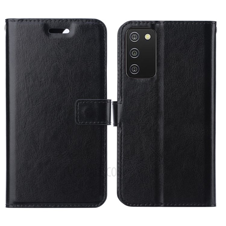 Crazy Horse Wallet Leather Shell for Samsung Galaxy A02s (164.2x75.9x9.1mm) Stand Protective Case - Black-1