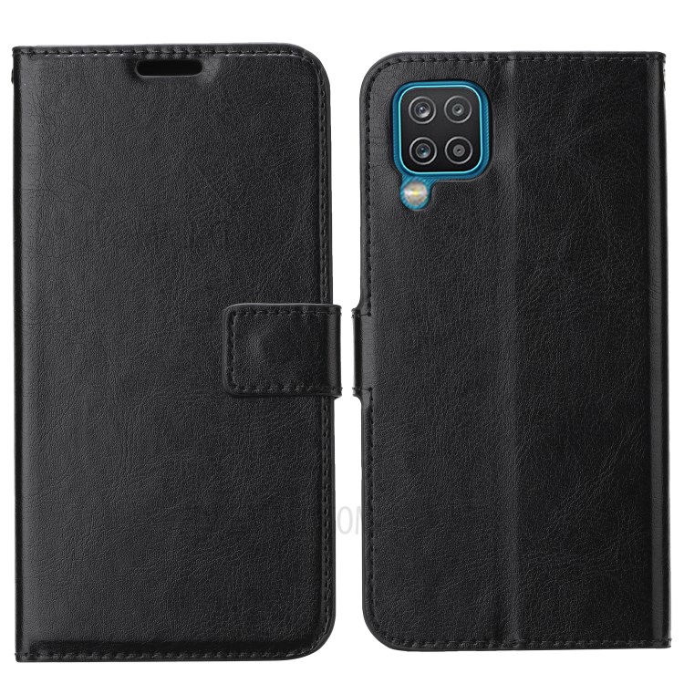 Crazy Horse Wallet Leather Shell for Samsung Galaxy A12 Stand Protective Case - Black-1