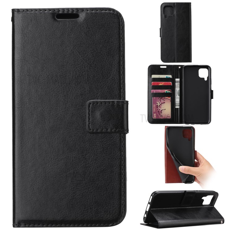 Crazy Horse Wallet Leather Shell for Samsung Galaxy A12 Stand Protective Case - Black-2