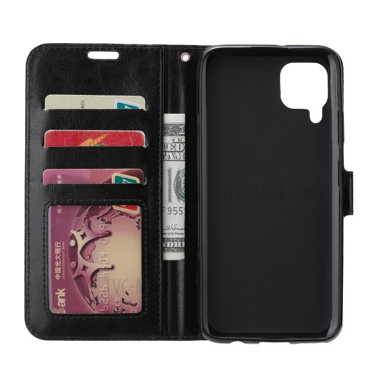 Crazy Horse Wallet Leather Shell for Samsung Galaxy A12 Stand Protective Case - Black-3