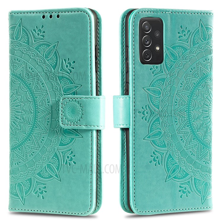 Imprinted Mandala Flower Wallet Leather Case with Strap for Samsung Galaxy A72 5G/4G - Green-1
