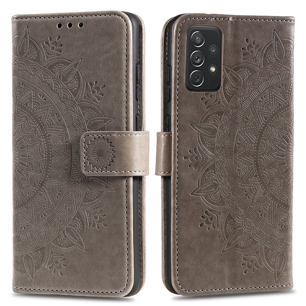 Imprinted Mandala Flower Wallet Leather Case with Strap for Samsung Galaxy A52 5G / Samsung Galaxy A52 4G - Grey-1