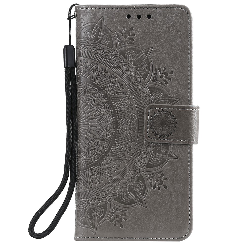 Imprinted Mandala Flower Wallet Leather Case with Strap for Samsung Galaxy A52 5G / Samsung Galaxy A52 4G - Grey-2