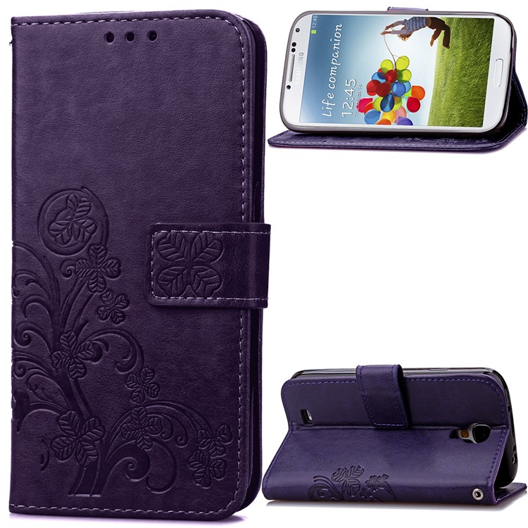 

Imprinted Four-leaf Clovers Leather Bracket Cover for Samsung Galaxy S4 mini i9190 - Purple