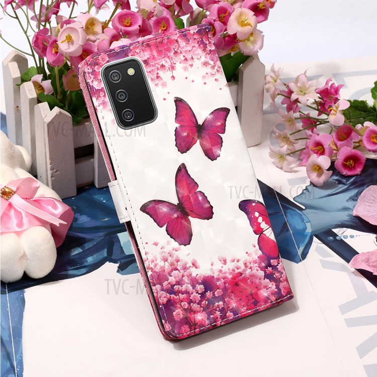 3D Pattern Printing Wallet Stand PU Leather Phone Shell Case for Samsung Galaxy A02s (166.5x75.9x9.2mm) - Rose Red Butterfly-4