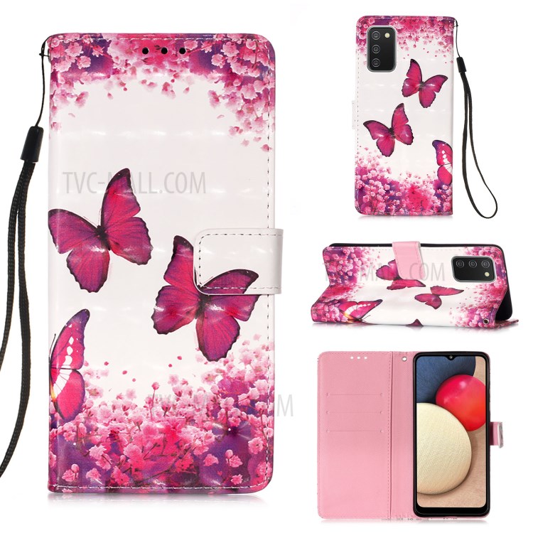 3D Pattern Printing Wallet Stand PU Leather Phone Shell Case for Samsung Galaxy A02s (166.5x75.9x9.2mm) - Rose Red Butterfly-7