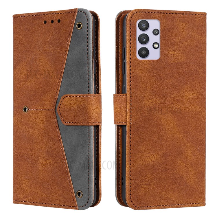 Rivet Decor Splicing Design Skin-Feeling Leather Phone Wallet Protective Cover for Samsung Galaxy A72 4G/5G - Brown-1