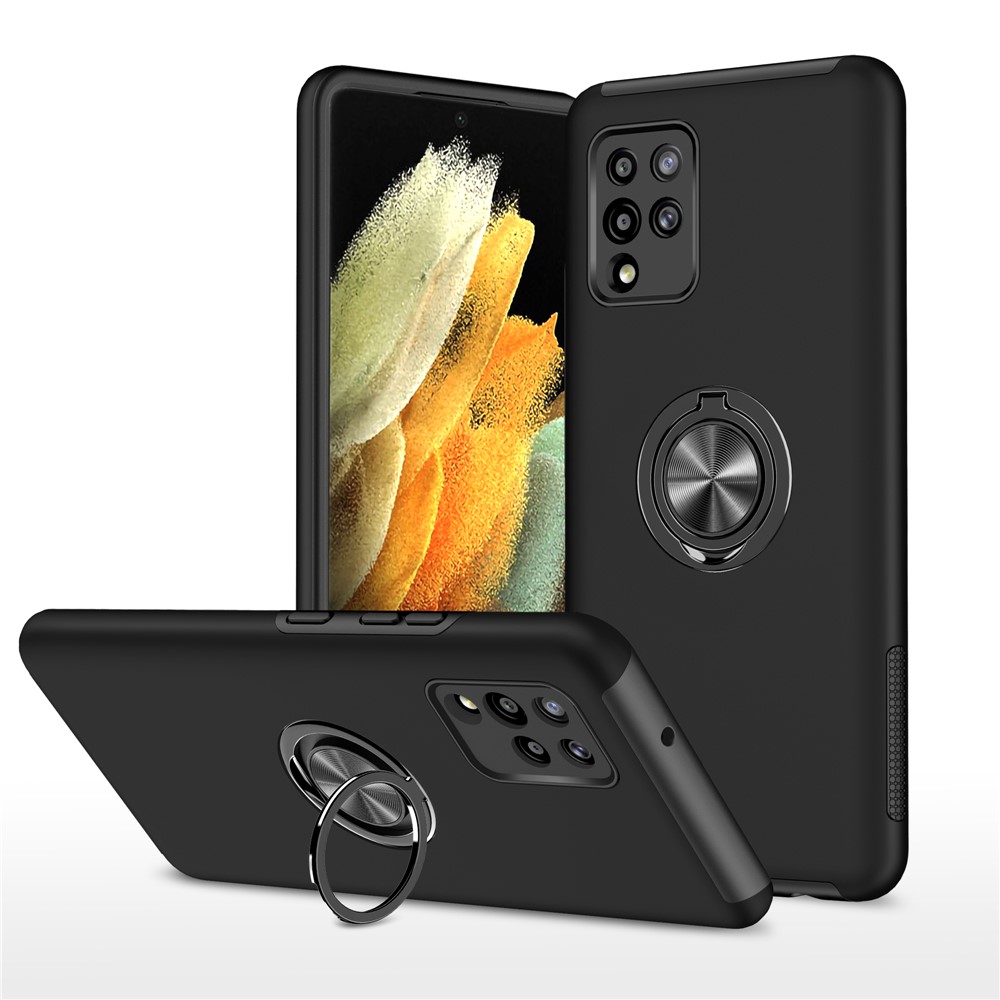 Anti-Shock Hybrid Phone Case Cover with Ring Shape Kickstand Design for Samsung Galaxy A42 5G - Black-1