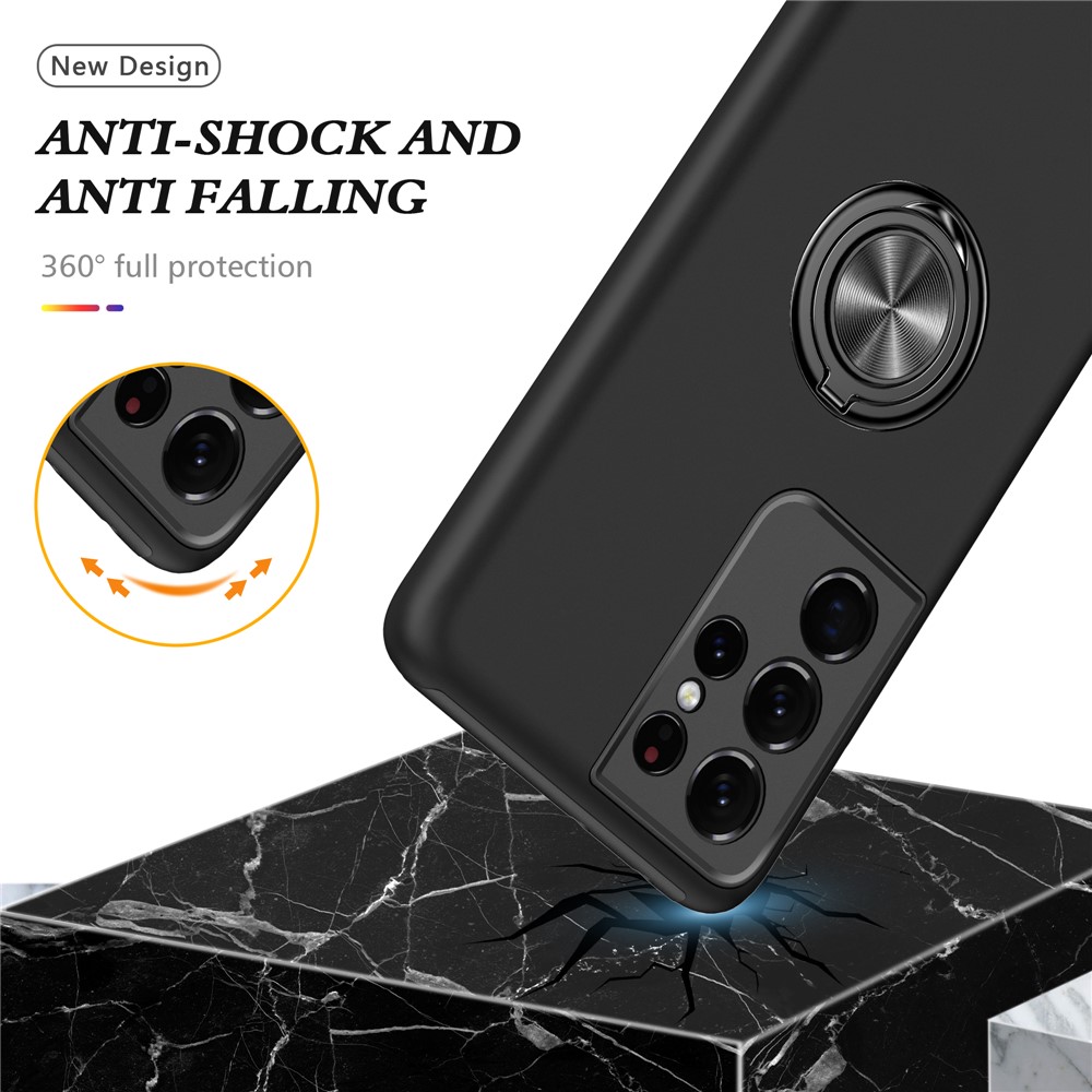 Ring Shape Kickstand Design Back Cover for Samsung Galaxy S21 Ultra 5G Hybrid Phone Case - Black-3