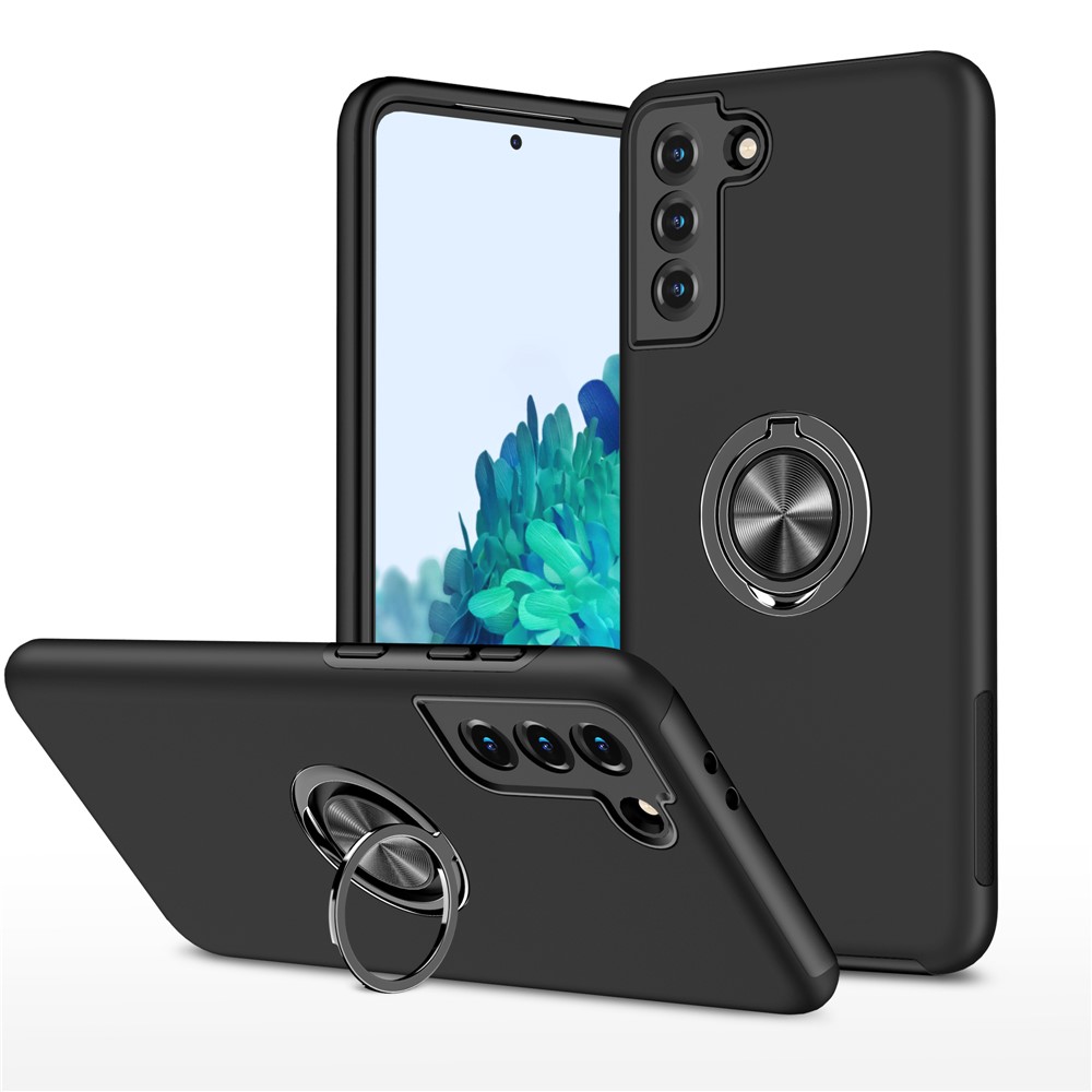 Ring Shape Kickstand Design TPU + PC Hybrid Phone Case Cover for Samsung Galaxy S21 Plus 5G - Black-1