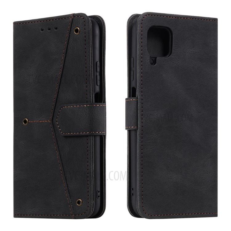 Rivet Decor Splicing Design Skin-Feeling Leather Phone Wallet Protective Cover for Samsung Galaxy A12 - Black-1