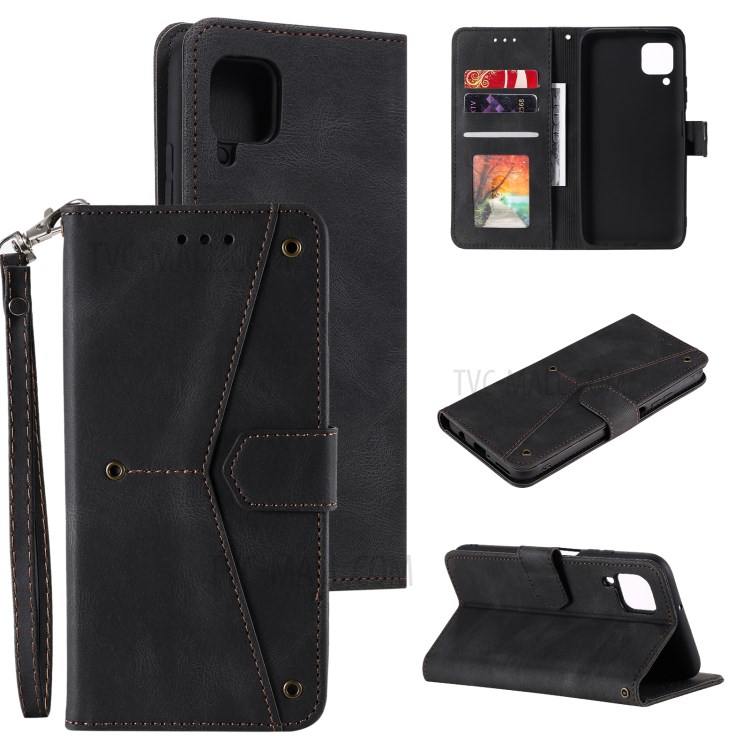 Rivet Decor Splicing Design Skin-Feeling Leather Phone Wallet Protective Cover for Samsung Galaxy A12 - Black-8