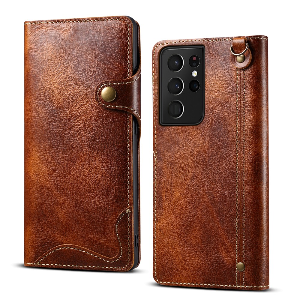 Oil Wax Genuine Leather Retro Style Wallet Case for Samsung Galaxy S21 Ultra 5G - Brown-1