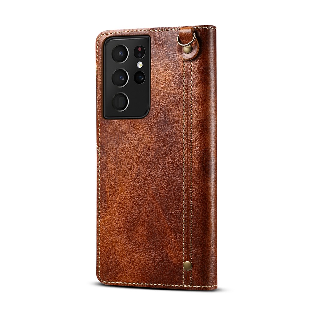 Oil Wax Genuine Leather Retro Style Wallet Case for Samsung Galaxy S21 Ultra 5G - Brown-3