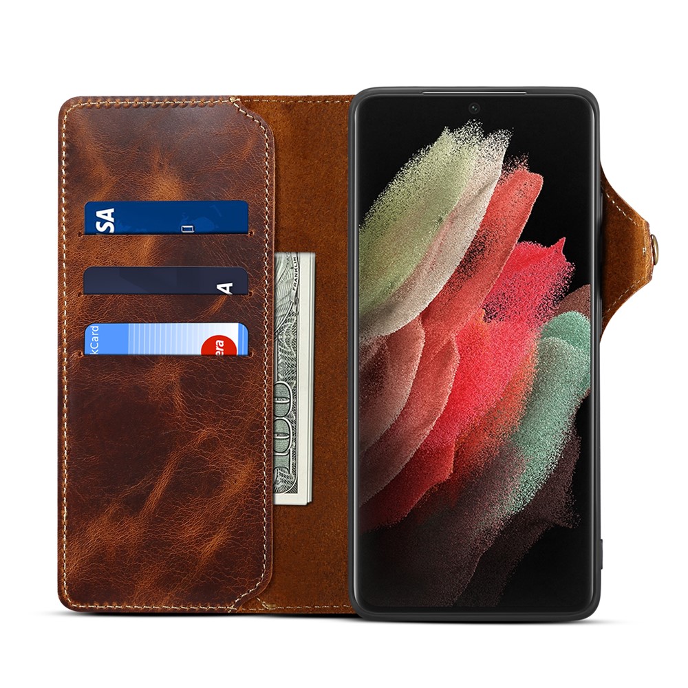 Oil Wax Genuine Leather Retro Style Wallet Case for Samsung Galaxy S21 Ultra 5G - Brown-6