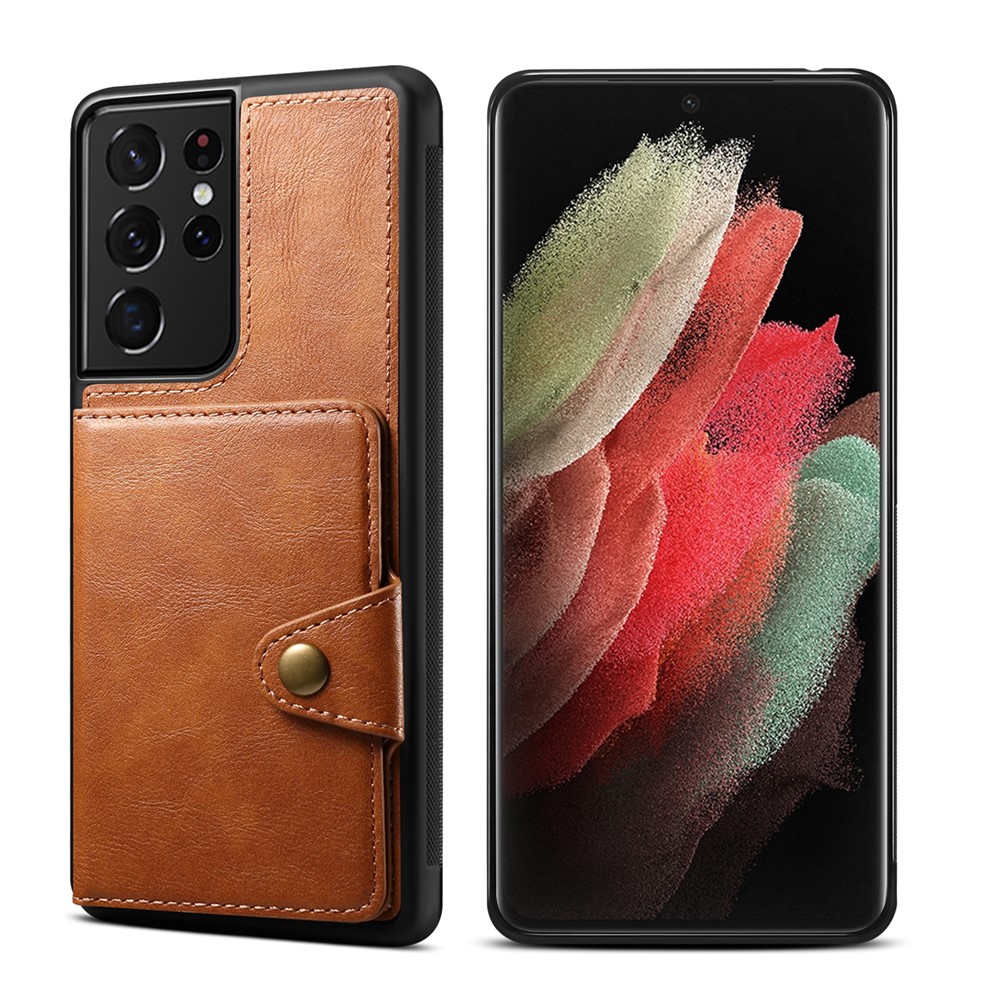 Leather Coated TPU Case with Card Holder and Kickstand for Samsung Galaxy S21 Ultra 5G - Brown-1