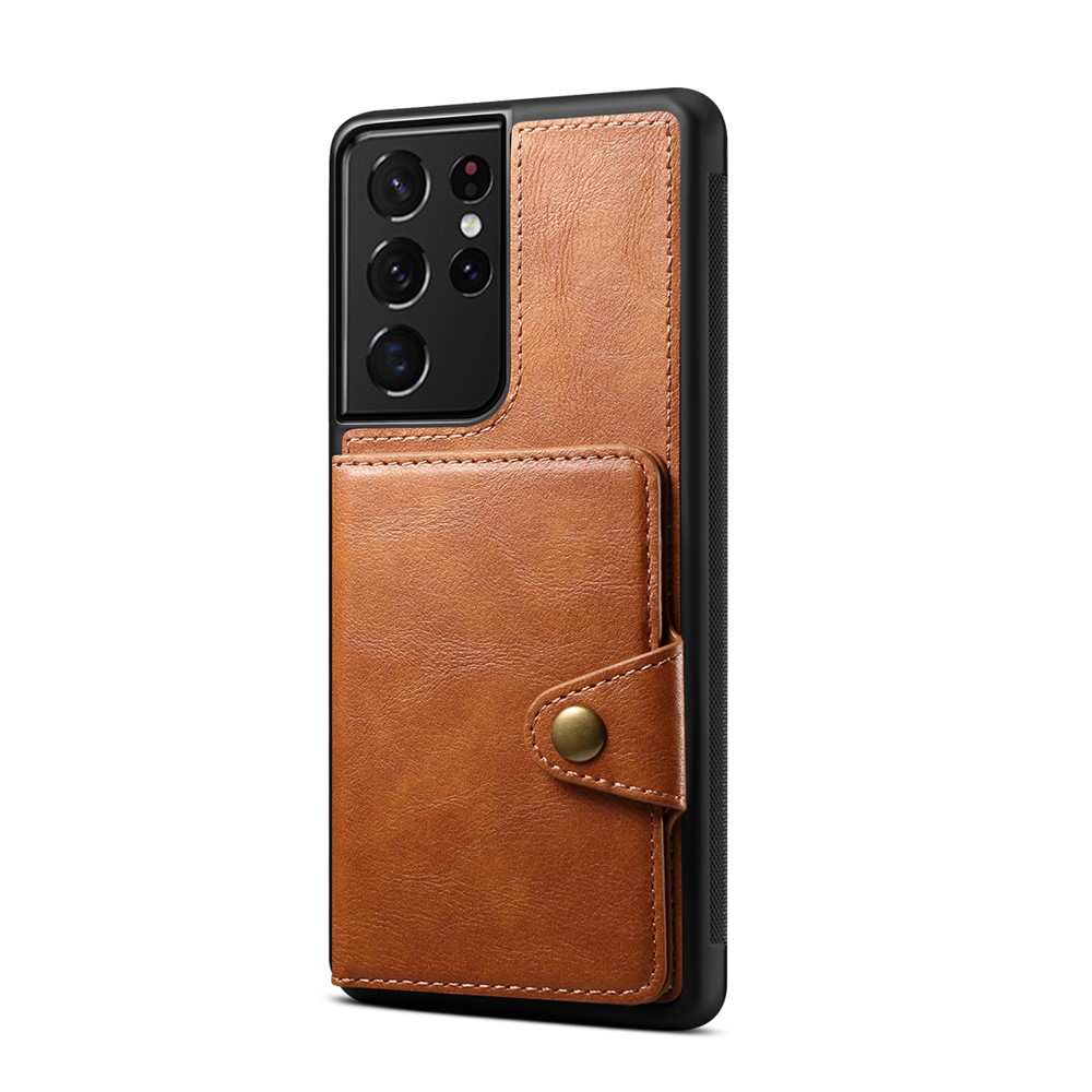 Leather Coated TPU Case with Card Holder and Kickstand for Samsung Galaxy S21 Ultra 5G - Brown-2