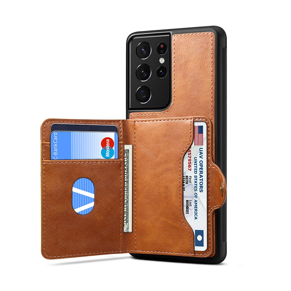 Leather Coated TPU Case with Card Holder and Kickstand for Samsung Galaxy S21 Ultra 5G - Brown-3