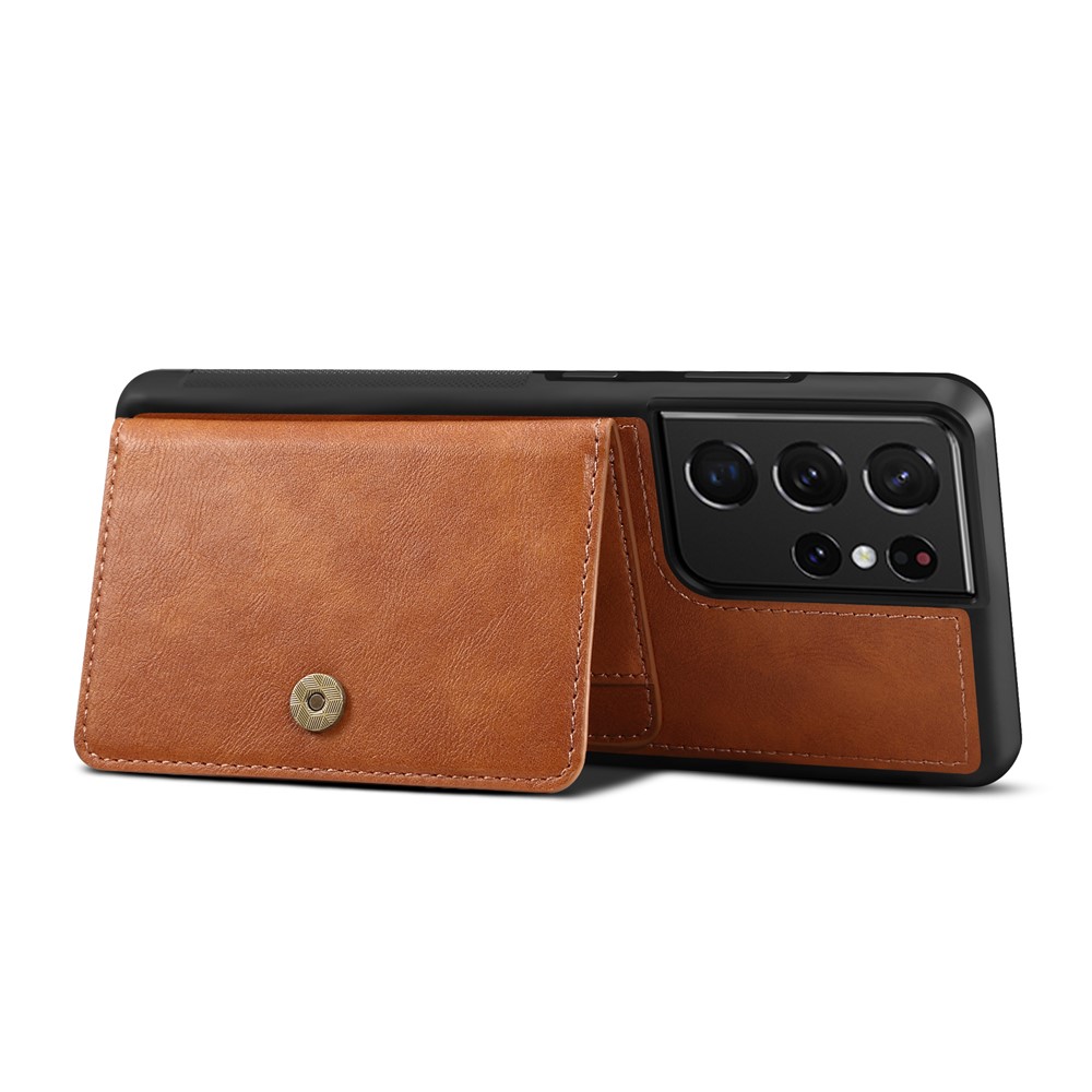 Leather Coated TPU Case with Card Holder and Kickstand for Samsung Galaxy S21 Ultra 5G - Brown-4