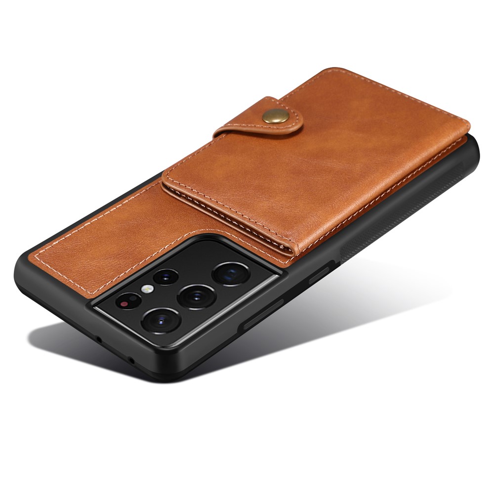 Leather Coated TPU Case with Card Holder and Kickstand for Samsung Galaxy S21 Ultra 5G - Brown-5