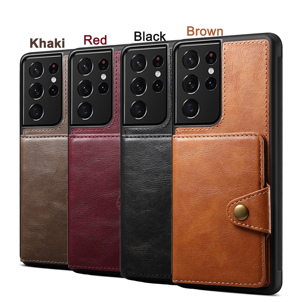 Leather Coated TPU Case with Card Holder and Kickstand for Samsung Galaxy S21 Ultra 5G - Brown-7