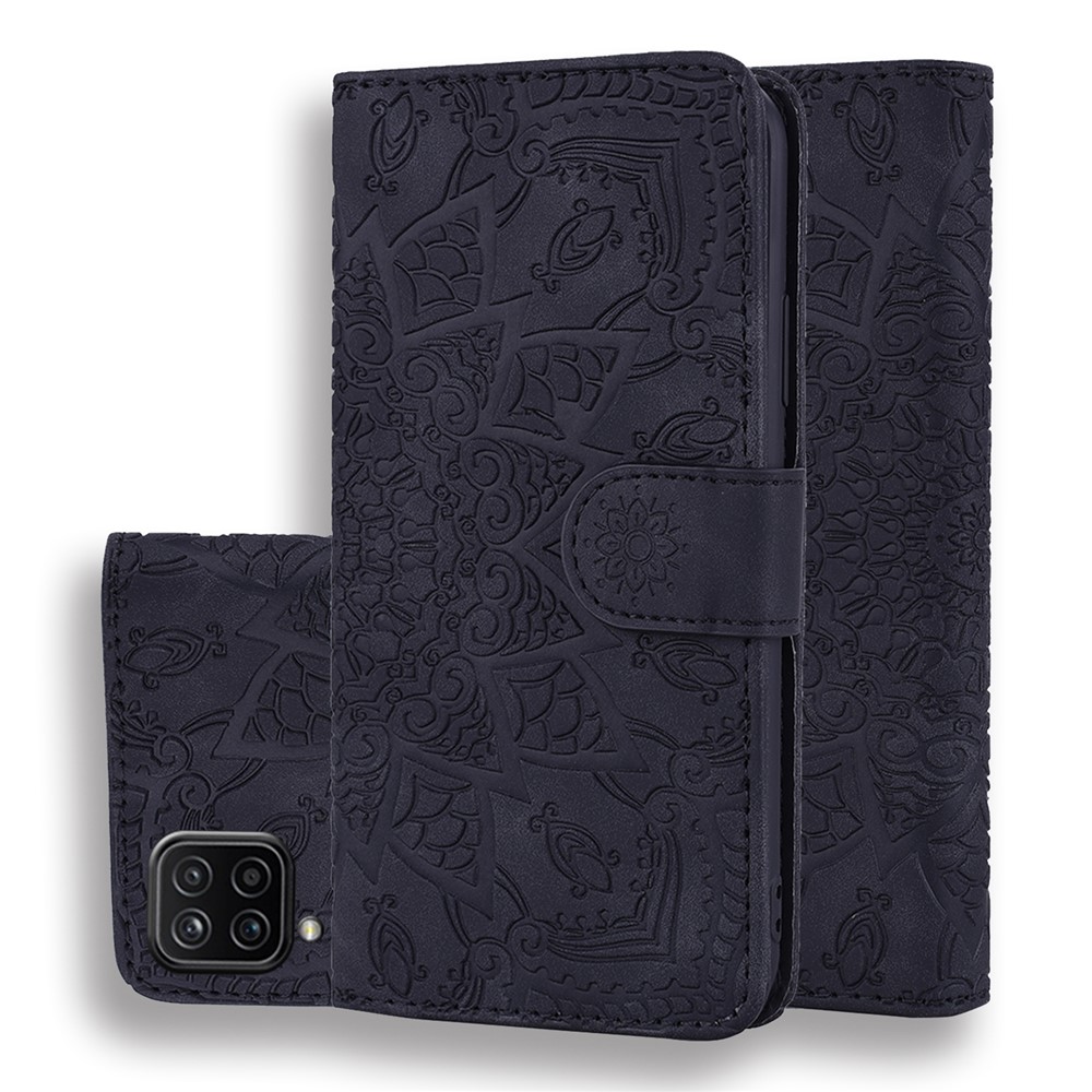 Imprint Flower Wallet Stand Leather Case for Samsung Galaxy A12 - Black-1