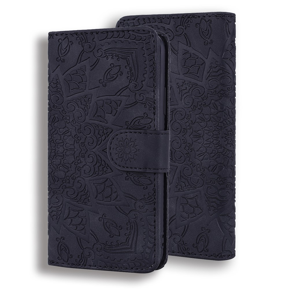 Imprint Flower Wallet Stand Leather Case for Samsung Galaxy A12 - Black-2