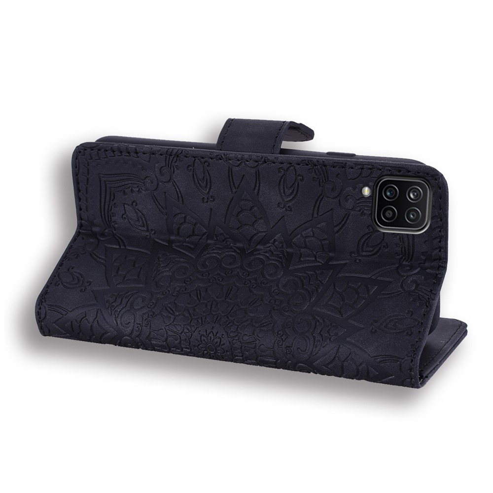 Imprint Flower Wallet Stand Leather Case for Samsung Galaxy A12 - Black-5