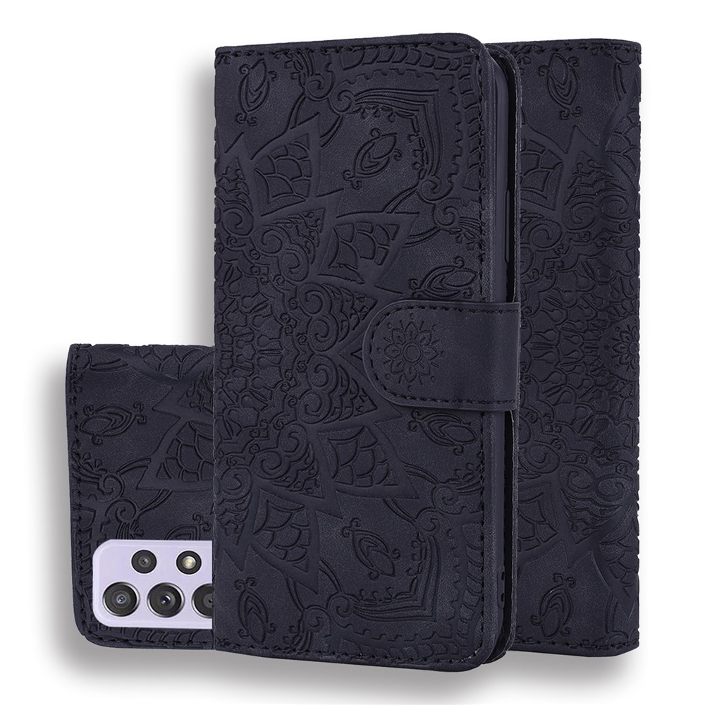 Imprint Flower Wallet Stand Leather Case for Samsung Galaxy A52 5G - Black-1