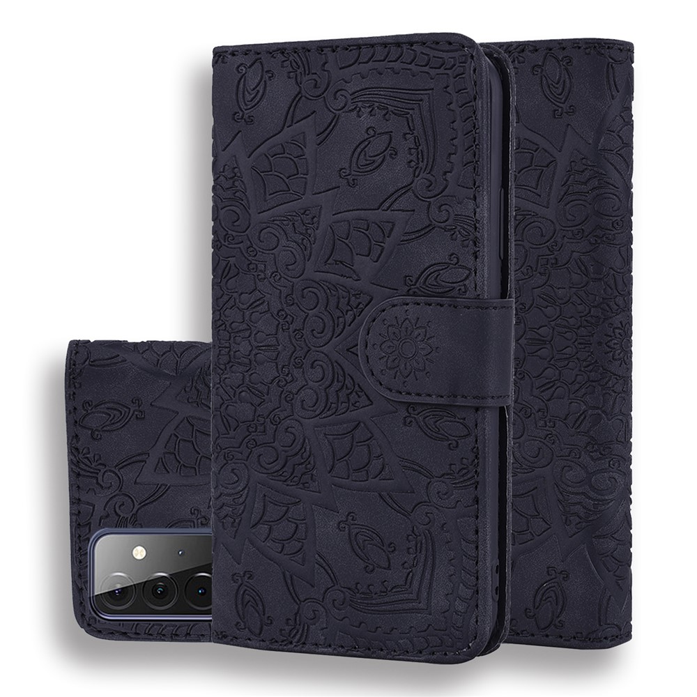 Imprint Flower Wallet Stand Leather Case for Samsung Galaxy A72 5G - Black-1