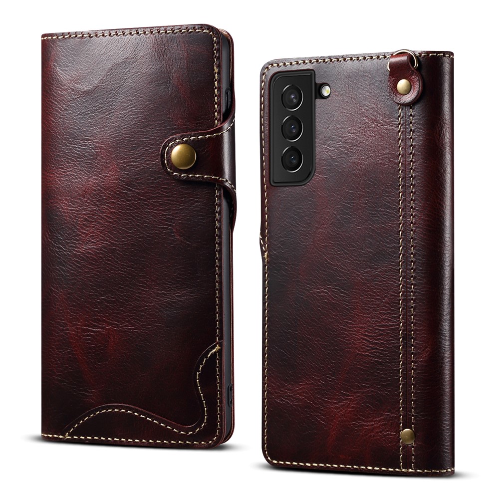 Buckled Retro Oil Wax Genuine Leather Wallet Case for Samsung Galaxy S21 Plus 5G - Wine Red-1