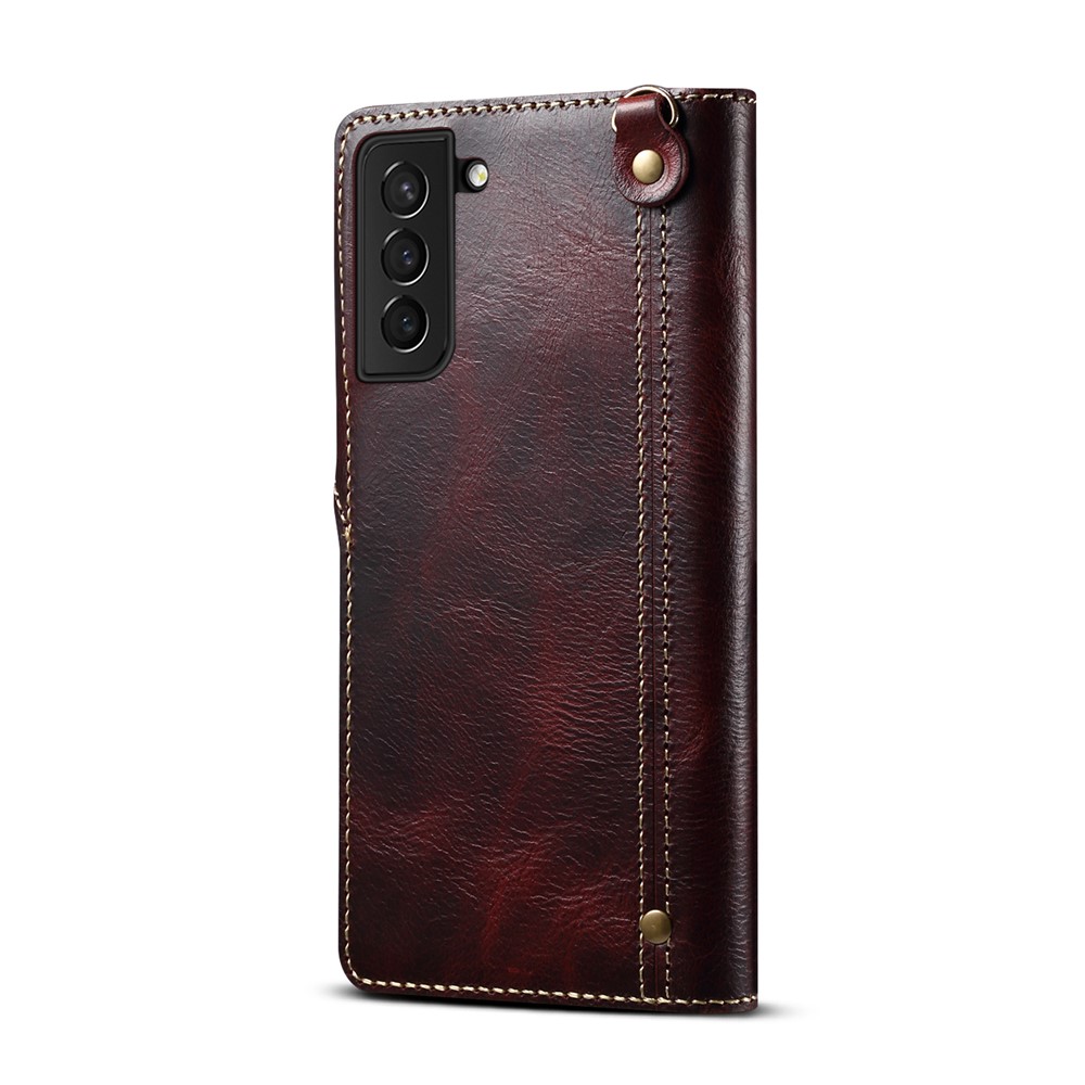 Buckled Retro Oil Wax Genuine Leather Wallet Case for Samsung Galaxy S21 Plus 5G - Wine Red-3