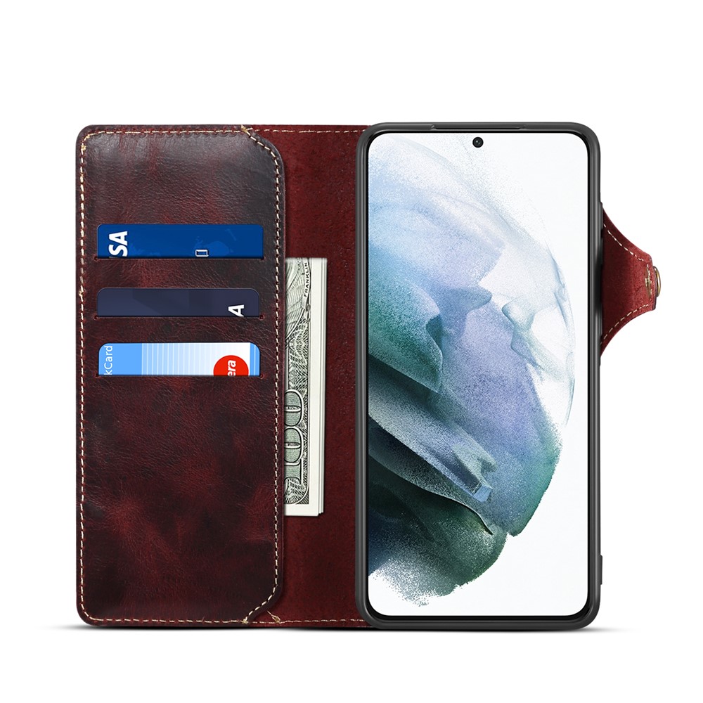 Buckled Retro Oil Wax Genuine Leather Wallet Case for Samsung Galaxy S21 Plus 5G - Wine Red-4