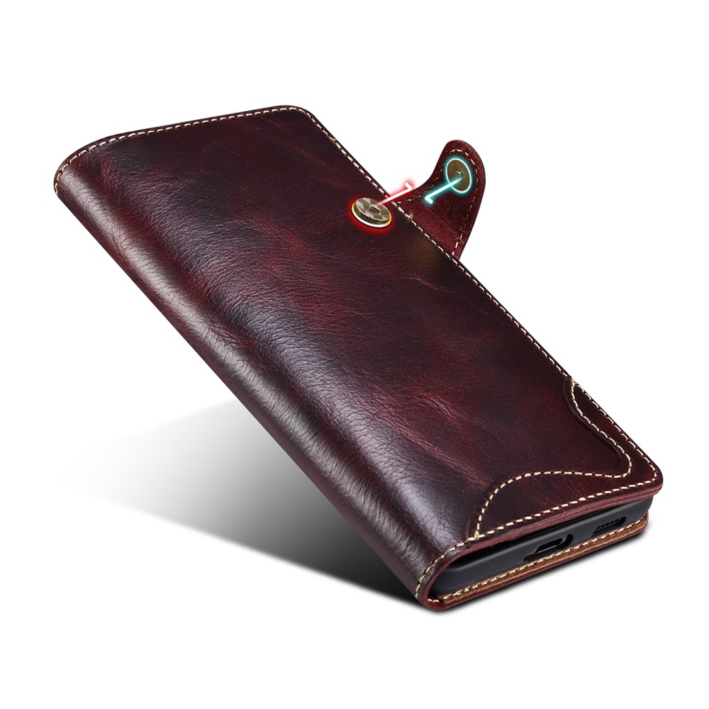 Buckled Retro Oil Wax Genuine Leather Wallet Case for Samsung Galaxy S21 Plus 5G - Wine Red-5
