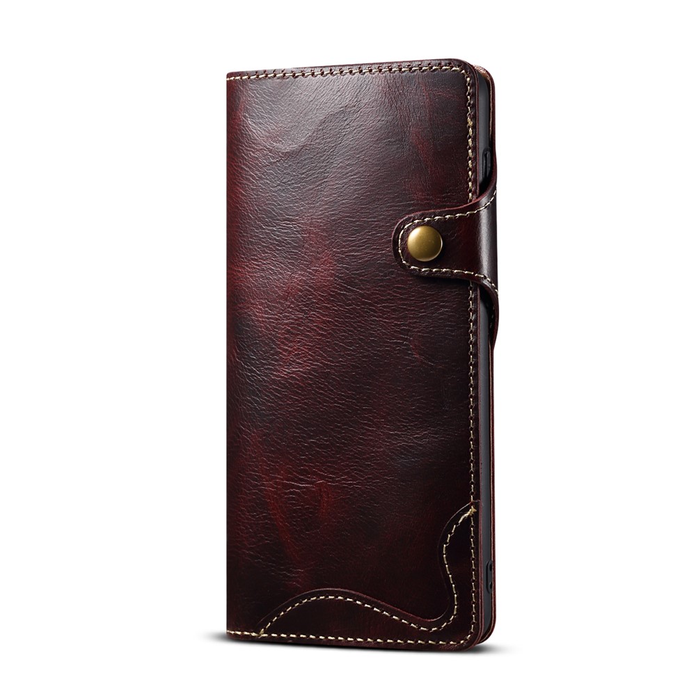 Buckled Wallet Design Retro Oil Wax Genuine Leather Case for Samsung Galaxy S21 5G - Wine Red-2
