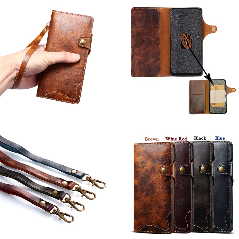 Buckled Wallet Design Retro Oil Wax Genuine Leather Case for Samsung Galaxy S21 5G - Wine Red-6