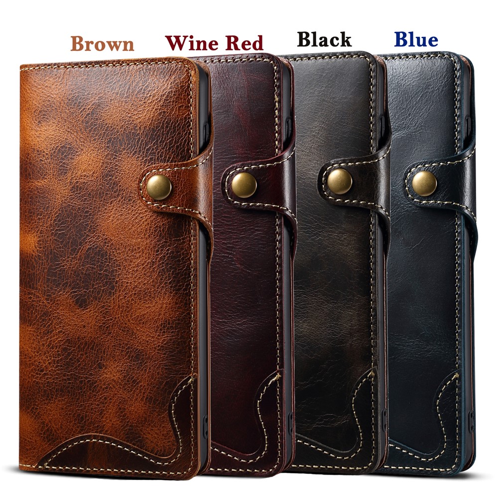 Buckled Wallet Design Retro Oil Wax Genuine Leather Case for Samsung Galaxy S21 5G - Wine Red-7