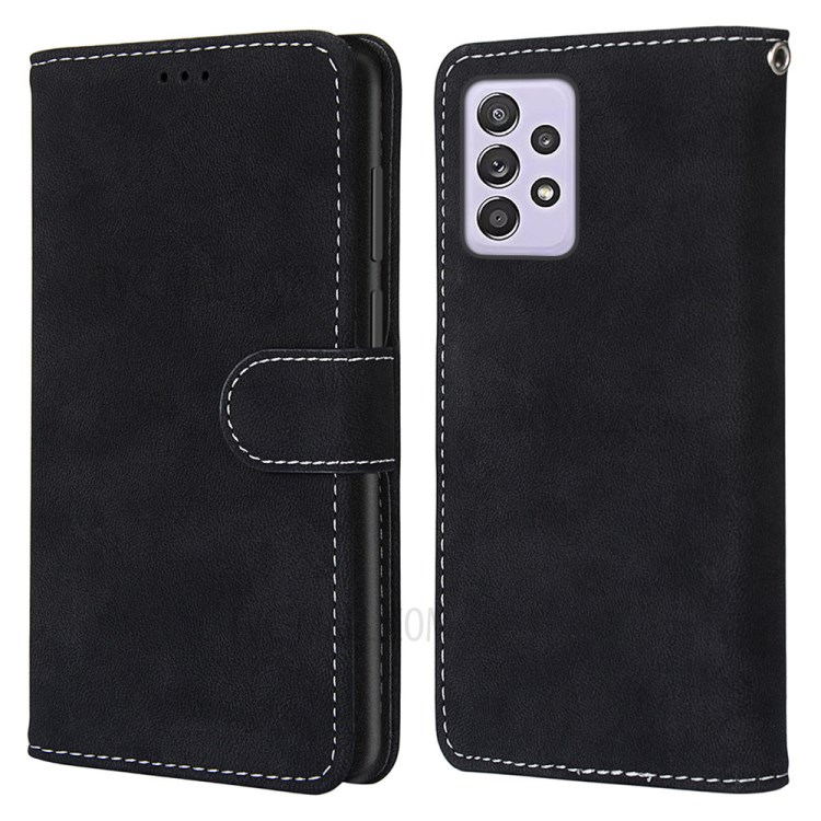 Retro Matte Leather Case for Samsung Galaxy A52 4G/5G Phone Cover Wallet Stand - Black-1