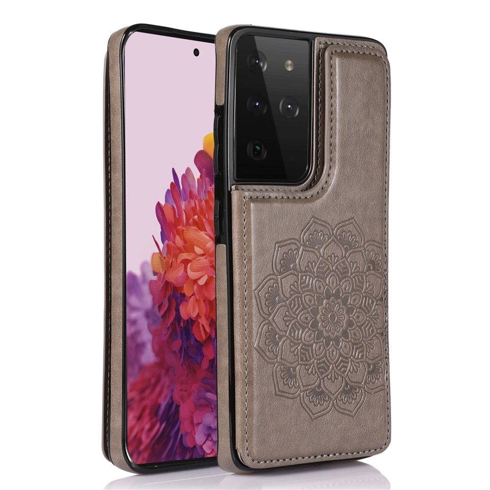 Imprint Mandala Flower Kickstand for Samsung Galaxy S21 Ultra 5G PU Leather + TPU Hybrid Case - Brown-1