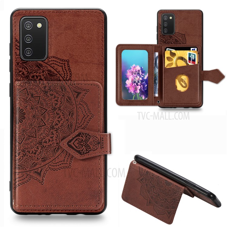 Wallet Kickstand Mandala Imprinting PU Leather Coated TPU Case + Lanyard for Samsung Galaxy A02s - Brown-1