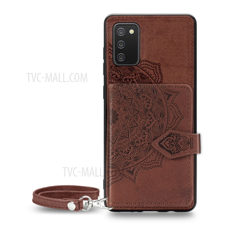 Wallet Kickstand Mandala Imprinting PU Leather Coated TPU Case + Lanyard for Samsung Galaxy A02s - Brown-2