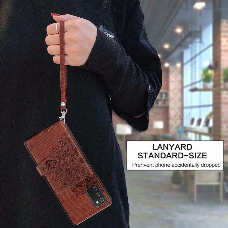Wallet Kickstand Mandala Imprinting PU Leather Coated TPU Case + Lanyard for Samsung Galaxy A02s - Brown-3