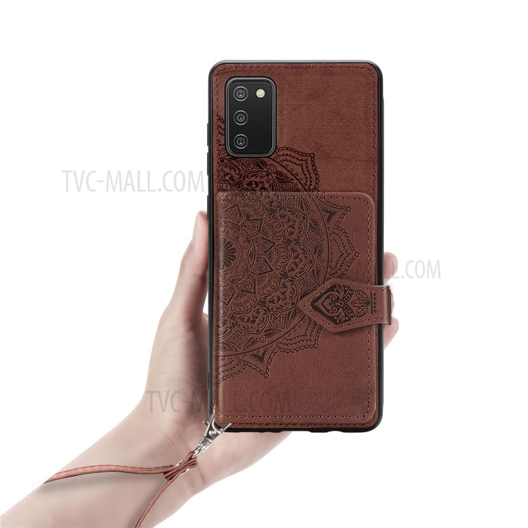 Wallet Kickstand Mandala Imprinting PU Leather Coated TPU Case + Lanyard for Samsung Galaxy A02s - Brown-5