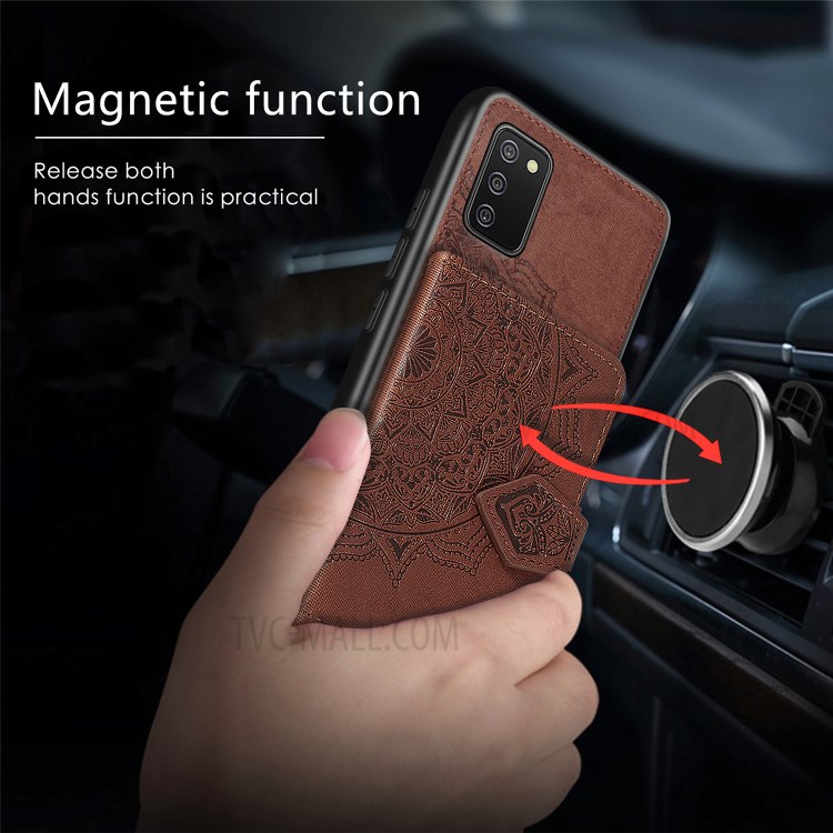 Wallet Kickstand Mandala Imprinting PU Leather Coated TPU Case + Lanyard for Samsung Galaxy A02s - Brown-7