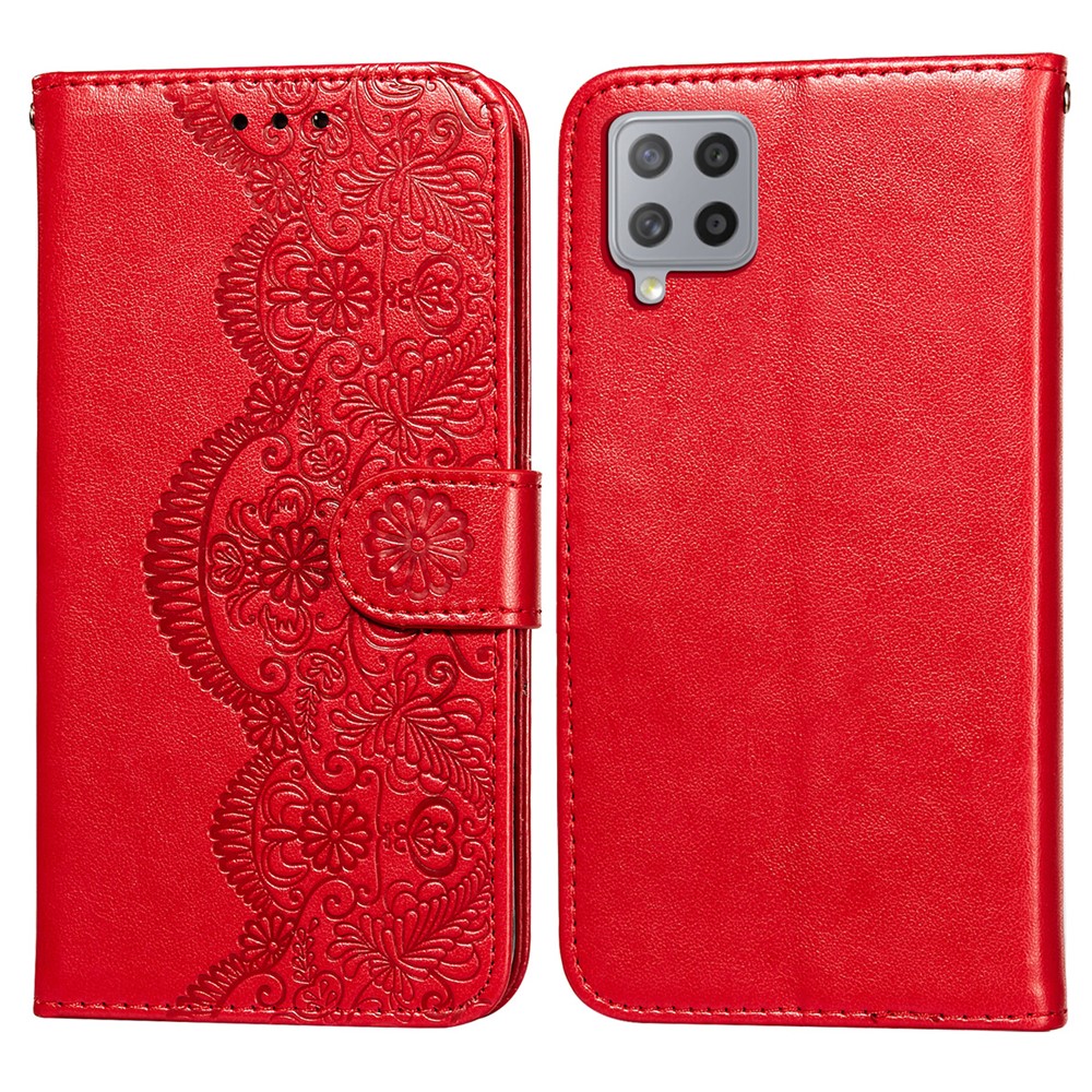 Imprinted Flower Vine Wallet PU Leather + TPU Case with Lanyard for Samsung Galaxy F62 / M62 - Red-1